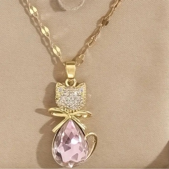 Anthropologie Jewelry - Gold Pink Gemstone Cat Necklace.